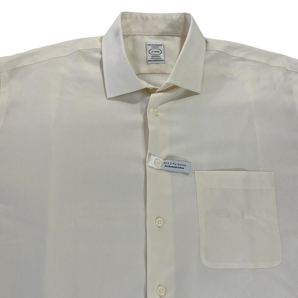 Pronto Uomo Dress Shirt Men's 17 34/35 Slim Fit‎ 80's 2-Ply Cotton Pale Yellow